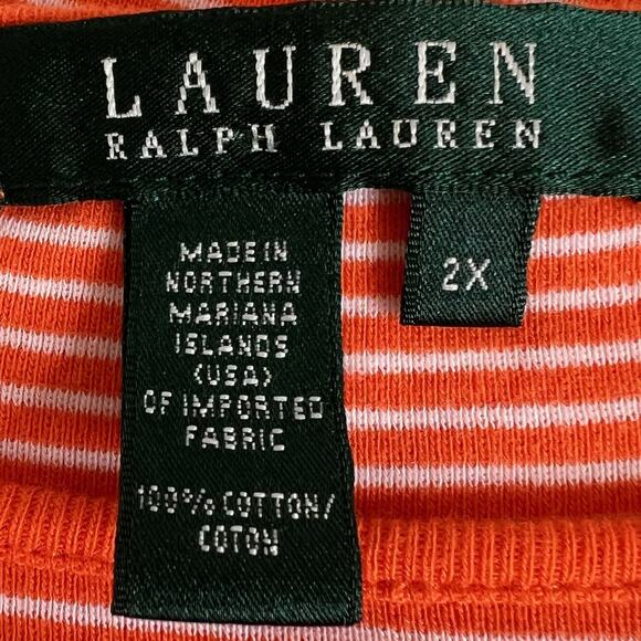 Lauren Ralph Lauren Womens 2X Orange White Stripe Cotton Tee Gold Button flaw - Picture 5 of 7